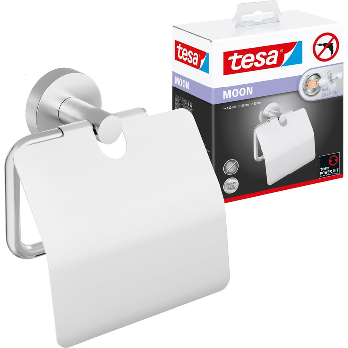 tesa Moon Toilet Paper Holder with Cover, Chrome - Wall-Mountable Toilet Roll Holder without Drilling, Includes Adhesive Solution - 53 mm x 140 mm x 128 mm