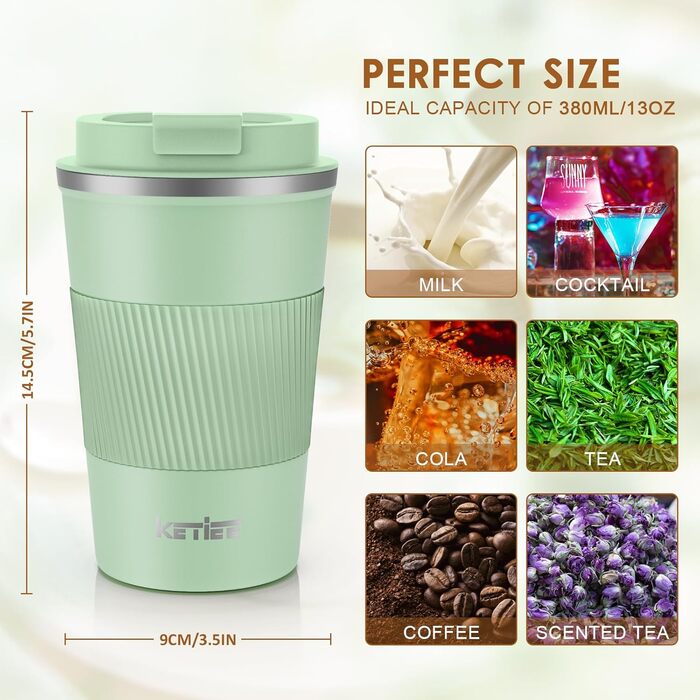 Термокружка для кави та чаю Ketiee 510 мл, подвійні стінки, з кришкою, оливковий зелений