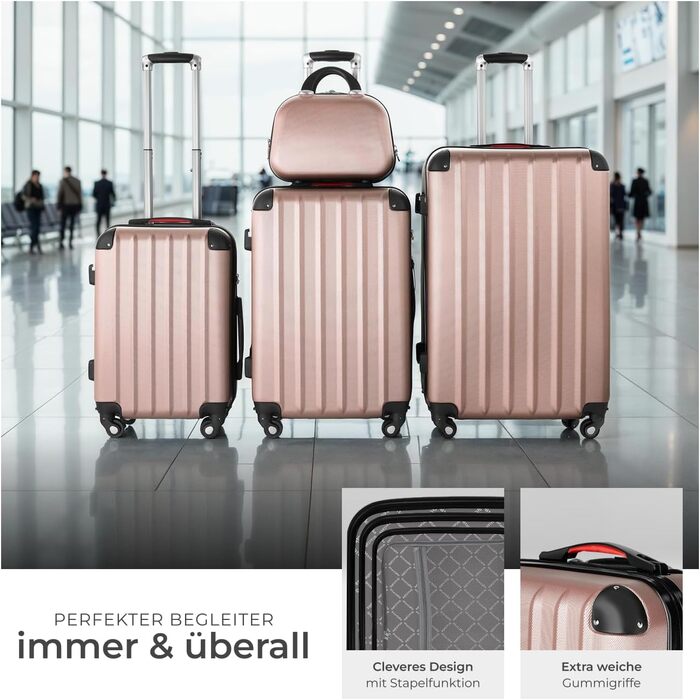Набір валіз Tectake 4 шт. з відстібними колесами 360°, валізи з жорсткою оболонкою та TSA замком, велика валіза з роздільником, ручна валіза, телескопічна ручка - шампань (рожеве золото)