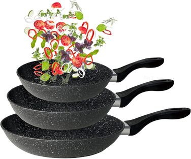 Набір сковорідок, чорний колір, з ефектом граніту - 3 шт. (28 см + 24 см + 20 см), антипригарне покриття, для індукційних, газових та склокерамічних плит