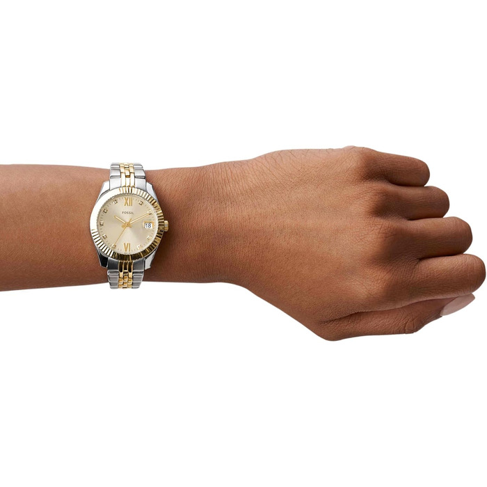 Жіночий наручний годинник Fossil Scarlette 33мм, кварцовий, з датами та сталевим браслетом, сріблясто-золотий