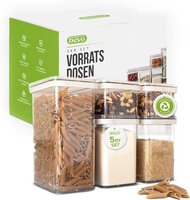 bevo - Set of 5 Storage Containers for the Kitchen made of PET with Lid for Food - Storage Containers & Storage Boxes BPA-free, Airtight - Boxes for Storing & Organizing Cereal, Flour, Pasta & Rice