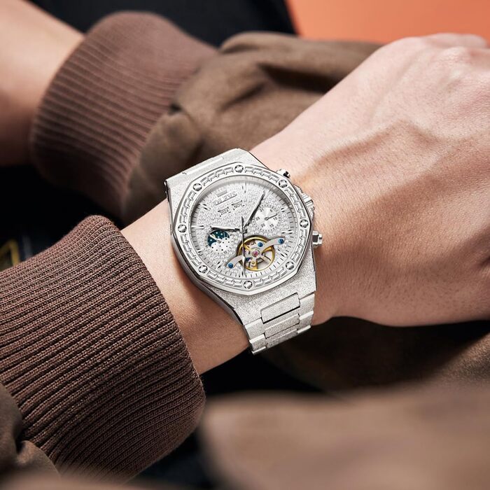 Чоловічий наручний годинник OLEVS G9805 аналоговий, сталевий браслет, білий циферблат, водонепроникний, з календарем та підсвіткою