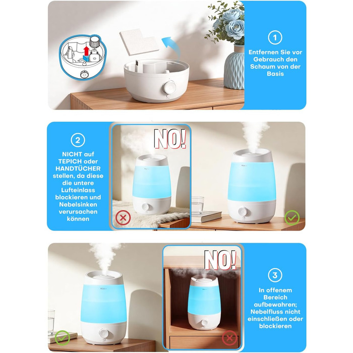 Зволожувач повітря AROEVE для спальні, 2,5л, 250 мл/год, дифузор для ефірних олій, автовимкнення, 25 дБ, тихий для дітей та рослин, білий