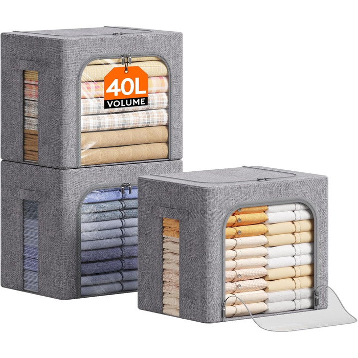 Коробки для зберігання одягу Lifewit 40L, 3 шт., сірий, з кришкою, металевий каркас, з ручками та вікном