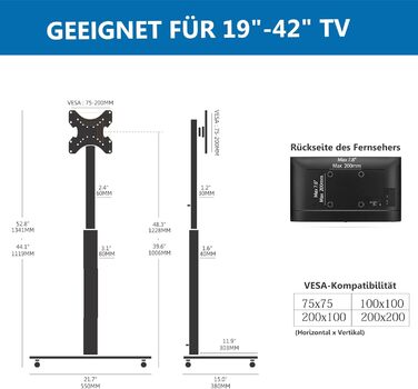 FITUEYES Rolling TV Stand with Wheels - Tilting ±15° Swivel ±35° Adjustable Height TV Cart for 19-42 inch Flat Screen TVs up to 35kg, VESA 200x200