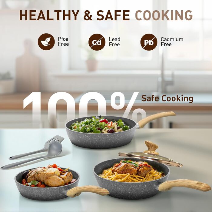 Набір посуду DishDelight 12 шт: сковороди та каструлі з антипригарним покриттям, підходить для індукційних, газових плит та мікрохвильовки, сірий