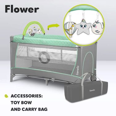 Lionelo Flower 4in1 Travel Cot Baby, Playard Baby with Side Entrance, Changing Table, Two Mattress Suspension Heights, Toy Arch with Figures, Wheels, Carry Bag 1 Piece (1 Pack) Turquoise