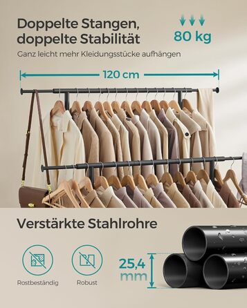 SONGMICS Clothes Rack with 2 Clothes Rods, Extendable Garment Rod, with Wheels, Coat Rack, Height Adjustable between 113 and 180 cm, Lower Rod Adjustable, LLR401R01 (Ink Black, 120D x 50W x 156H cm)