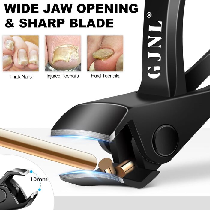Ножиці для товстих нігтів, кутовий гострий нігтьовий кліпер для ніг з контейнером для чоловіків, довга ручка, вигнута леза (чорний)