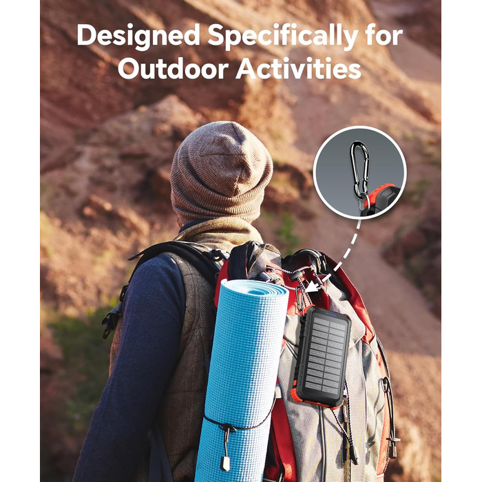 Сонячний Power Bank 26800mAh з PD15W, USB-C, 5 виходів, 3 входи, водонепроникний, з 3 кабелями, 2 ліхтариками та карабіном для кемпінгу, оранжевий