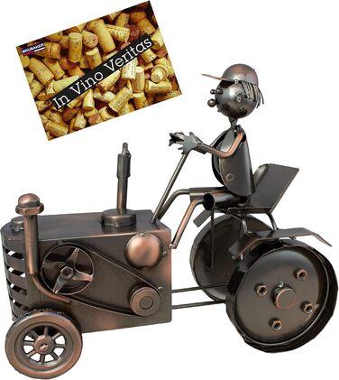 BRUBAKER Tractor Wine Bottle Holder with Tractor Driver - Decorative Object, Metal Bottle Stand with Greeting Card for Wine Gifts
