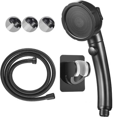 KAIYING Drill-Free High-Pressure Handheld Showerhead with ON/OFF Pause Switch, 3 Spray Modes, Water-Saving Showerhead, Detachable Puppy Shower Accessory (M: Showerhead + Holder + Hose) (Black)