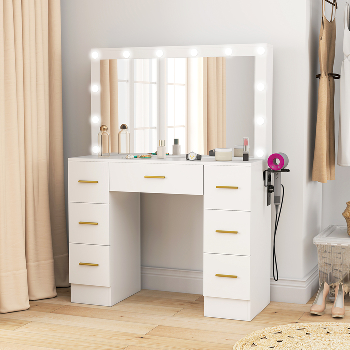 HOMCOM Vanity Table with Mirror and 12 LED Lights - Dressing Table with 7 Drawers, 6 Hidden Storage Compartments, Particleboard, White