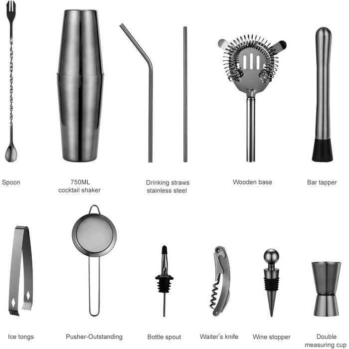Набір для коктейлів HB life: 21 предмет, нержавіюча сталь, 750 мл та 550 мл шейкер, аксесуари для бару