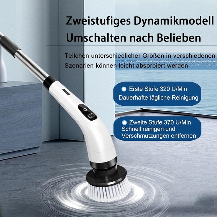 Електрична ротаційна щітка для прибирання: 8 насадок, регульована ручка, USB-C зарядка. Підходить для підлоги, плитки, ванної, кухні та душу