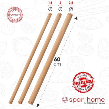 spar-home Turkish Rolling Pin - Traditional Dough Roller Made of Beechwood Handmade Wooden Rolling Pin Oklava (3er_60cm)