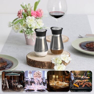 Набір для солі та перцю Com-Four® з нержавіючої сталі та скла (2 шт.) - дозатор спецій, контейнер для приправ з написом, для кухні та ресторану (сріблястий)
