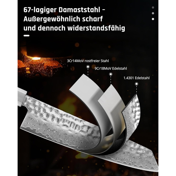 Ніж кухарський Yotsuba Damastmesser, 20 см, сталь, професійний, ергономічна рукоятка, ніж Сантоку 18 см