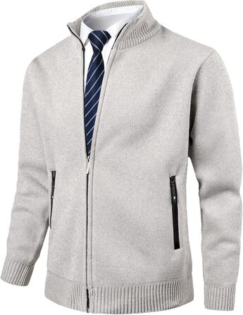 Чоловіча в'язана кофта з коміром-стійкою, на блискавці, з м'яким плюшевим підкладкою. Зручна чоловіча куртка-кардиган з тонкого в'язання для осені та зими (Бежевий, M)