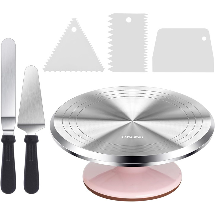 Ohuhu Поворотна платформа для тортів, 30 см, з лопатками та скребками, рожева | Для декорування та випікання
