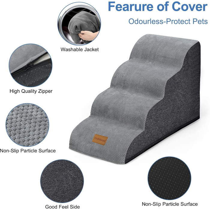 Сходинки для собак: широкі, 4 сходинки, 50 см, для маленьких собак, з високощільним пінопластом, знімний чохол, неслизьке дно, 51x72x41 см