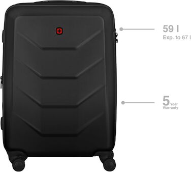 WENGER Prymo Medium Hard Shell Suitcase with 4 Wheels, Trolley, Medium Size, 59 (67) L, Security Lock, Women's/Men's, Travel/Vacation, Black, 612537
