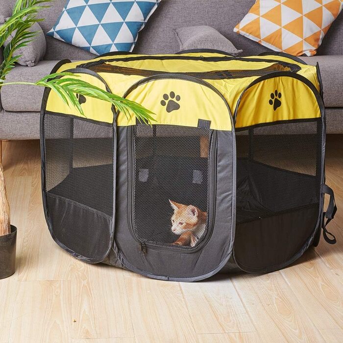 Клітка-манеж для собак та котів XianghuangTechnology, жовта, портативна, складана, діаметр 78,9 см x висота 58,9 см