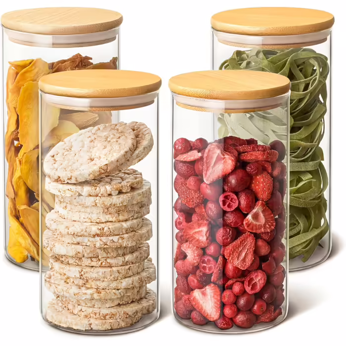 Airtight Storage Jars with Lids - 4-Piece Storage Containers - Borosilicate Glass with Bamboo Lid & 8 Seals - 1.2 L - Storage Jars