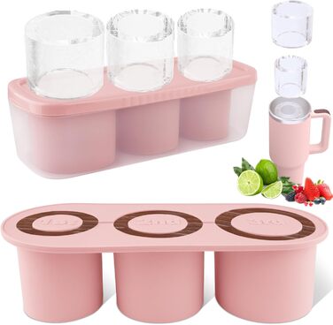Силіконові форми для льоду Fu Store з кришкою та контейнером, для стаканів 850-1134 мл, 3 шт, великі, рожеві – для охолодження коктейлів, віскі, напоїв, соку, кави, легке наповнення