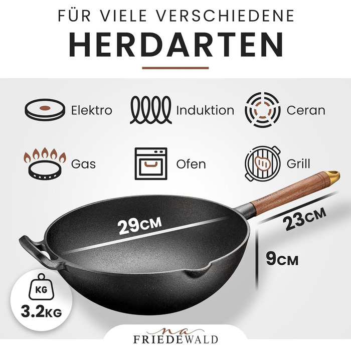 Wok Friedewald з чавуну з кришкою, 33 см, 5 л, антипригарне покриття, для індукції та всіх плит, для 4-6 осіб, глибока сковорода для смаження й тушкування