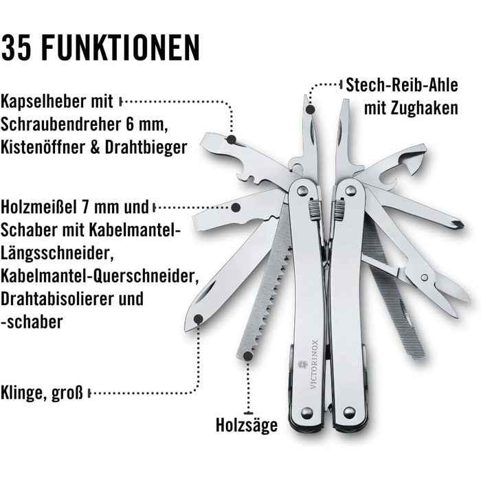 Мультитул Victorinox Swiss Tool Spirit X Plus: 35 функцій, швейцарський, з фіксатором леза, у нейлоновому чохлі