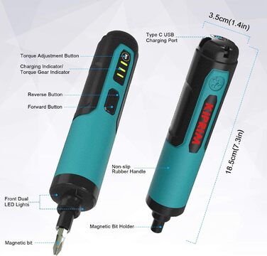 Міні акумуляторна дриль-шуруповерт Kiprim Professional ES2, 4V, 1.3Ah Li-Ion з індикатором заряду, 2 напрямки обертання, LED-підсвічування, USB-кабель для зарядки