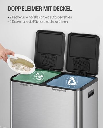 Відро для сміття з сортуванням 2 відділення 60 л (2 x 30 л), нержавіюча сталь, з педаллю, тихий закриття, з 15 пакетами, срібний SW06099E