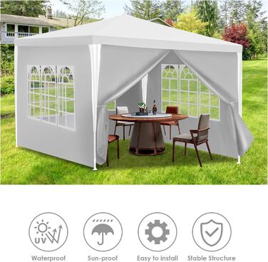 Garden Pavilion - Garden Gazebo with 6 Side Walls and Windows, Stable, UV Protection, Waterproof, Party Pavilion, Folding Garden Tent, Party Tent, for Outdoor, Garden, Party, Wedding (3x3m, White)