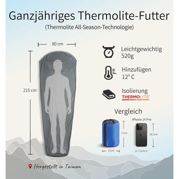 Спальний мішок-вкладиш Litume Thermolite Velour, антипиловий, для туристів, температура 12°C/8°C, для кемпінгу, легкий, з капюшоном і шнурком, універсальний, мумиформ, для походів та подорожей