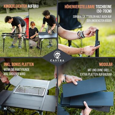 Стол для кемпінгу Castra Premium з грилем – алюміній 7075, регульована висота, вологостійкий, складаний, багатофункціональний, аксесуари для кемпінгу, саду, подорожей та риболовлі
