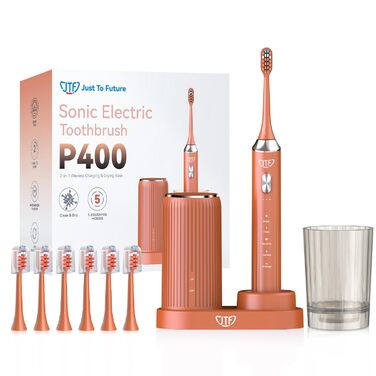 Електрична звукова зубна щітка JTF з УФ-дезінфекцією та сушінням, бездротова зарядка, 5 режимів чищення, 6 насадок, стаканчик для полоскання, акумуляторна для дому та подорожей (Помаранчева)
