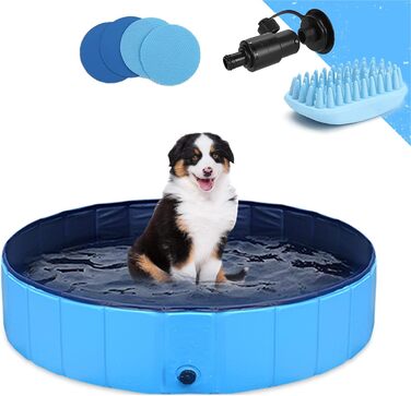 Dog Pool, Inflatable Dog 55'x12' Splash Pool Swimming Pool Kiddie Pool Dog Bathtub Doggy Pool for Large Pet Dog Cat Kids PVC Non-Slip (Bonus Pet Bath Brush) (S:80cmx20cm (L 32