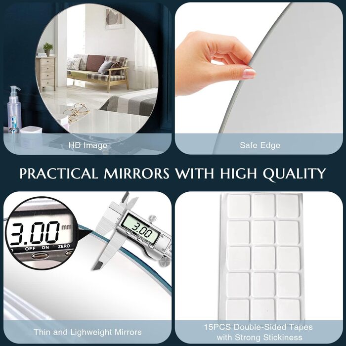 Круглий дзеркало на стіну без рами 40 см, HD скло, сучасний дизайн, самоклеючий, для ванної, вітальні, спальні, коридору