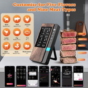 Беспроводний термометр для м'яса 4 шт. з Bluetooth, водонепроникний IP67, для приготування на грилі, в духовці, мангалі, ротатерії, фритюрниці