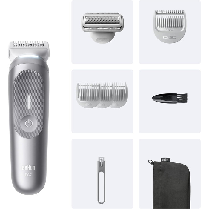 Триммер для тіла Braun Bodygroomer Series 7 BG7555 сірий, акумуляторний, водонепроникний, 8 насадок + кейс
