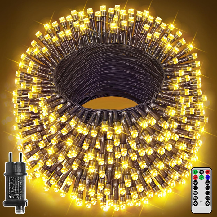 Льо́хкова гірлянда Ollny 400 LED, 60 метрів, тепле біле світло, з пультом, таймером, 8 режимів, вологостійка, для декору саду, балкону, весілля