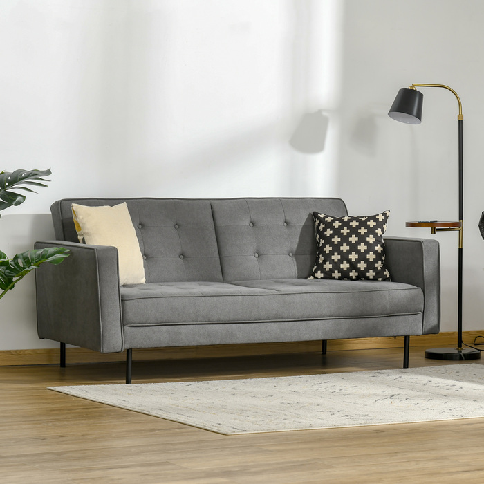 HOMCOM 3-Seater Sleeper Sofa with Reclining Function and Adjustable Angle, Vintage Design Made of Eucalyptus Wood and Cotton in Grey