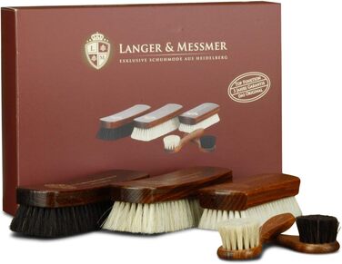 Langer & Messmer 4-Piece Shoe Brush Set made of Horsehair for the professional shoe care of smooth leather shoes - includes polishing brushes and cream brushes (5-piece set, Essential)