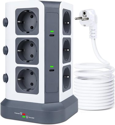 Блок розеток KOOSLA з USB-C, 12 розеток, 3680W/16A, захист від перенапруги 1500J, індивідуальне вмикання, 5м кабель, сірий