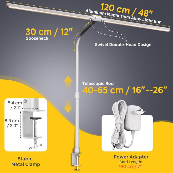 LED лампа настільна EYOCEAN 24W, 80 см з жестами, регулювання яскравості, захист очей для офісу, роботи, читання, архітекторів, дизайнерів (біла)
