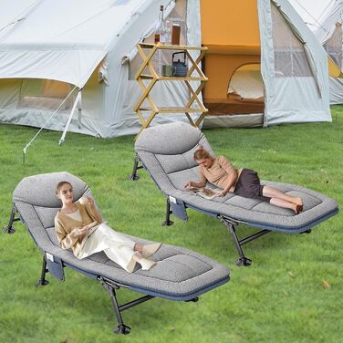 Розкладне ліжко-крісло для кемпінгу з матрацом, 6 положень спинки, ліжко для риболовлі, туристичне ліжко XXL, 65x190x30 см, односпальне, для гостей, сіре (2 шт.)