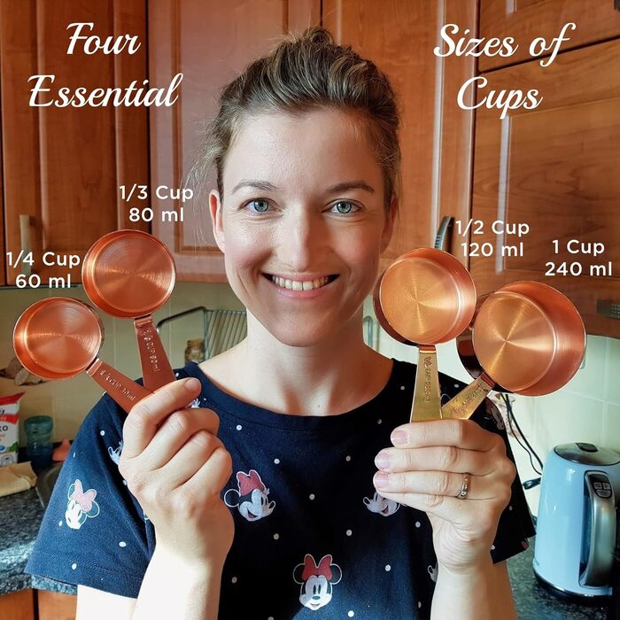 Copper and stainless steel measuring cups and spoons, copper-plated, high-quality stainless steel. Satin + high gloss polished. US + metric measurements. Kitchen gift under $30. From Copper Gemz Gift Box Packaging copper.