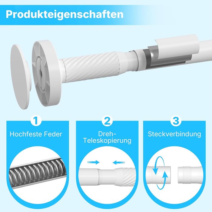 Штанга для карнизів без свердління 100-230 см, біла, Ø25 мм, телескопічна, для душу, вікна та балкону